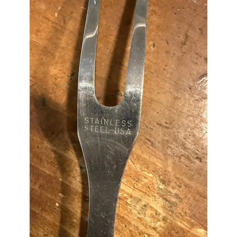 VINTAGE MCM Carving Fork Stainless Steel USA Bakelite (?) Black Handle Americana
